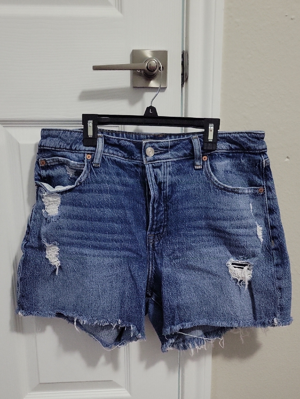 Distressed High-Rise Denim Shorts in Blue